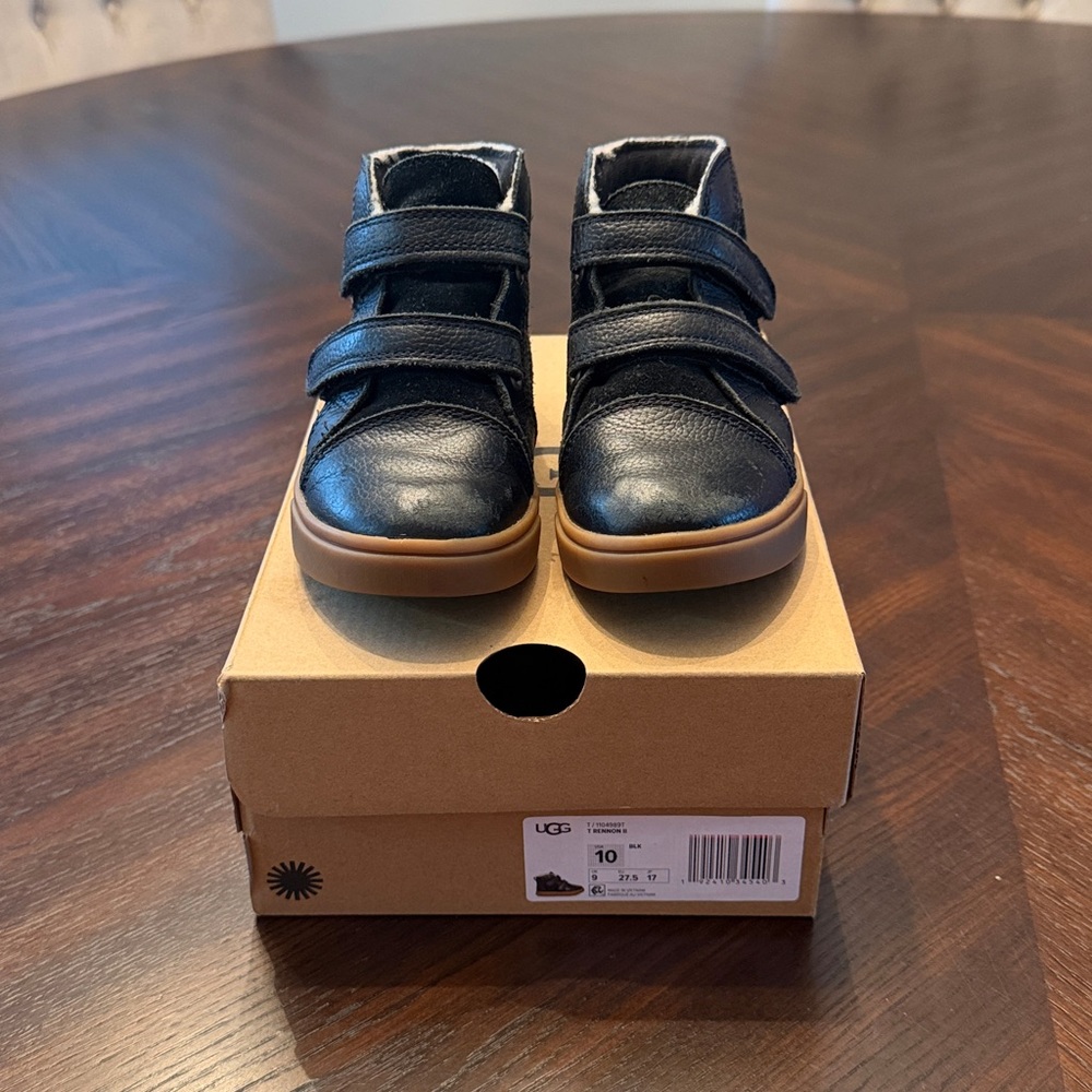 UGG Kids Black Boots with Velcro Straps and Rubber Soles